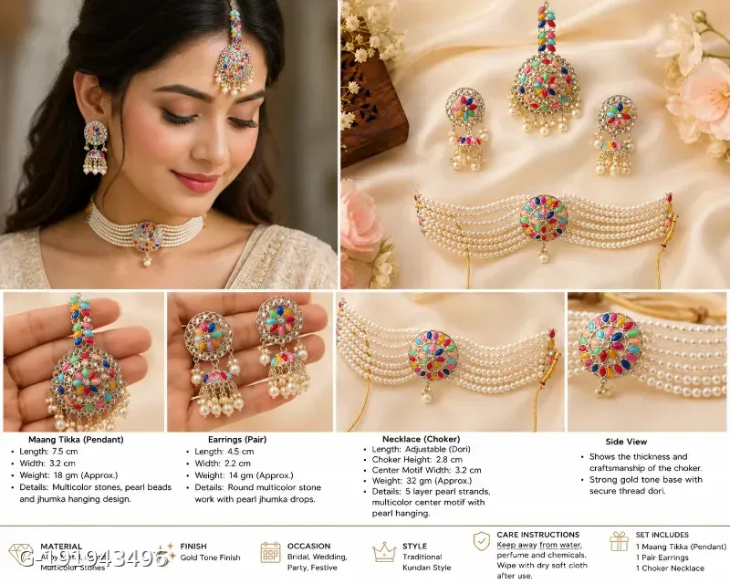 This gold-plated Kundan choker set features multicolored beads and artificial stones, resembling traditional Indian bridal jewelry