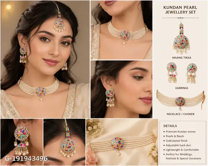 This gold-plated Kundan choker set features multicolored beads and artificial stones, resembling traditional Indian bridal jewelry