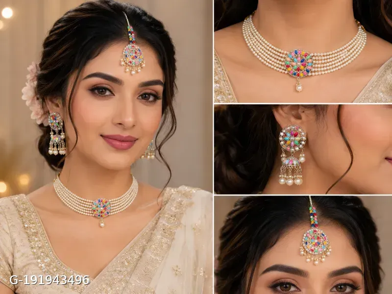 This gold-plated Kundan choker set features multicolored beads and artificial stones, resembling traditional Indian bridal jewelry