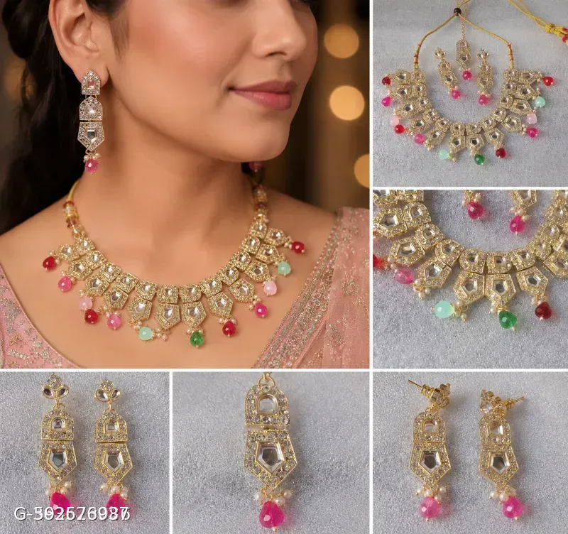 This gold-plated Kundan necklace set features multicolor teardrop beads.