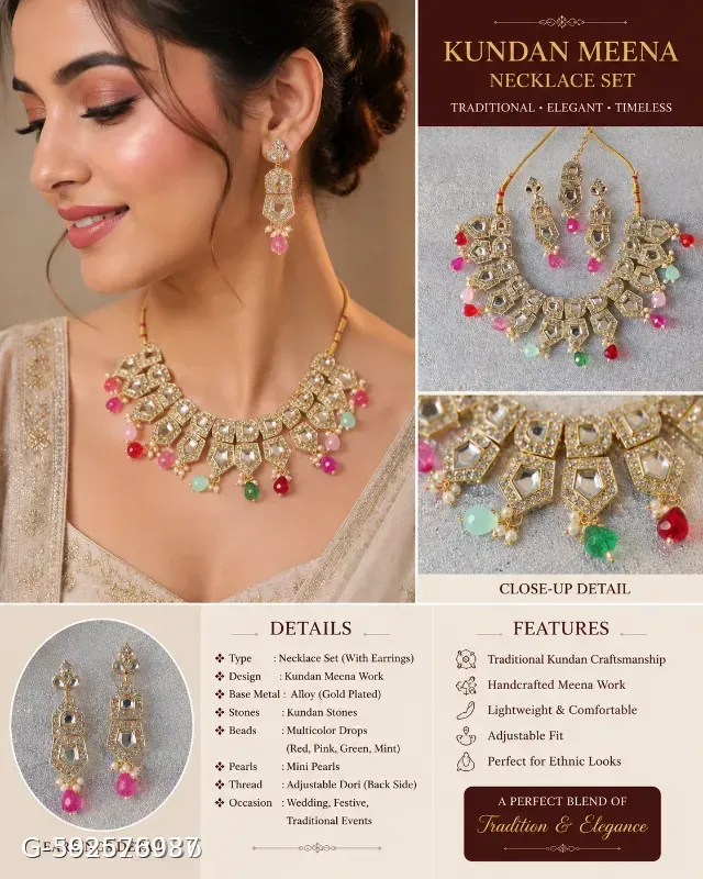 This gold-plated Kundan necklace set features multicolor teardrop beads.